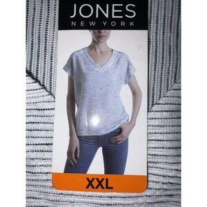 JONES NEW YORK Women's XXL Blue White Striped V-Neck Top‎ NWT Button Accent Tee